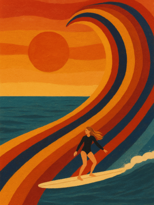 A cartoon female riding on a wave at sunset